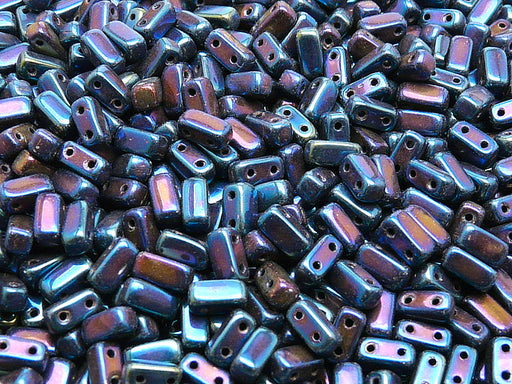 50 pcs 2-hole Brick Pressed Beads, 3x6mm, Jet Blue Iris, Czech Glass