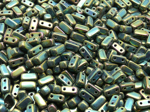 50 pcs 2-hole Brick Pressed Beads, 3x6mm, Jet Green Iris, Czech Glass