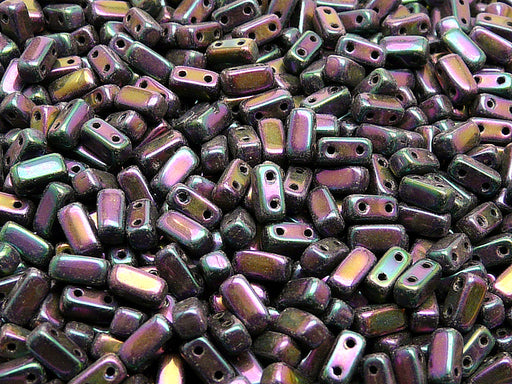 50 pcs 2-hole Brick Pressed Beads, 3x6mm, Jet Purple Iris, Czech Glass