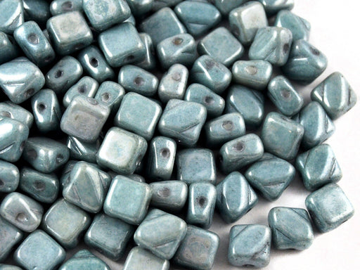 Silky Beads 6x6 mm 2 Holes Alabaster Light Blue Luster Czech Glass Blue