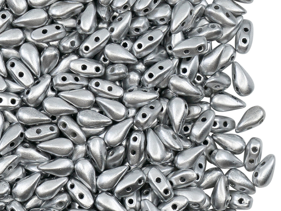 50 pcs 2-hole DropDuo® Beads, 3x6mm, Aluminum Silver, Czech Glass