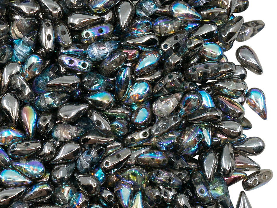 50 pcs 2-hole DropDuo® Beads, 3x6mm, Crystal Graphite Rainbow, Czech Glass