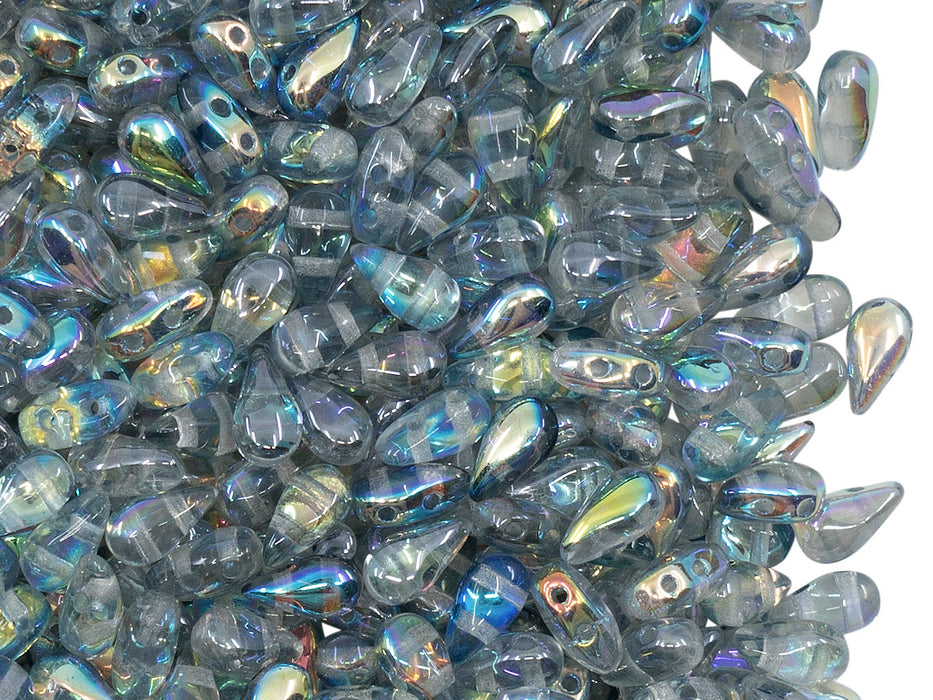 50 pcs 2-hole DropDuo® Beads, 3x6mm, Crystal Blue Rainbow, Czech Glass