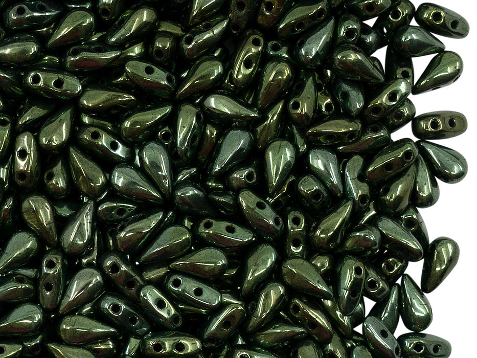 50 pcs 2-hole DropDuo® Beads, 3x6mm, Dark Green Metallic, Czech Glass