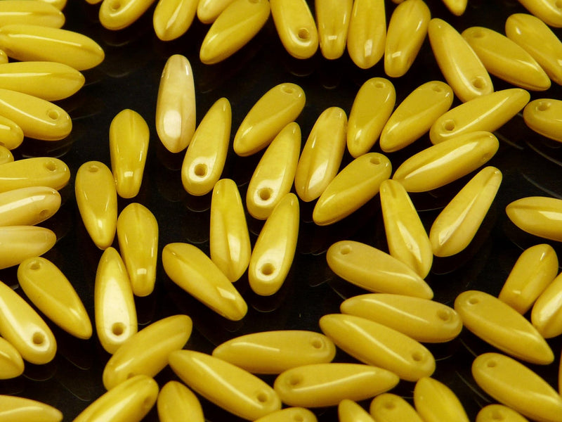 50 pcs Dagger Small Pressed Beads, 3x10mm, Yellow Silk Luster, Czech Glass