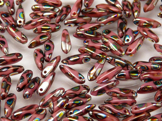 50 pcs Dagger Small Pressed Beads, 3x10mm, Opaque Pink Circle Vitrail, Czech Glass