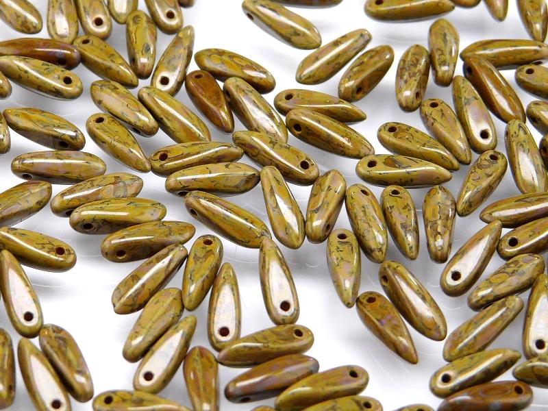 50 pcs Dagger Small Pressed Beads, 3x10mm, Orange Opal Travertine Dark, Czech Glass