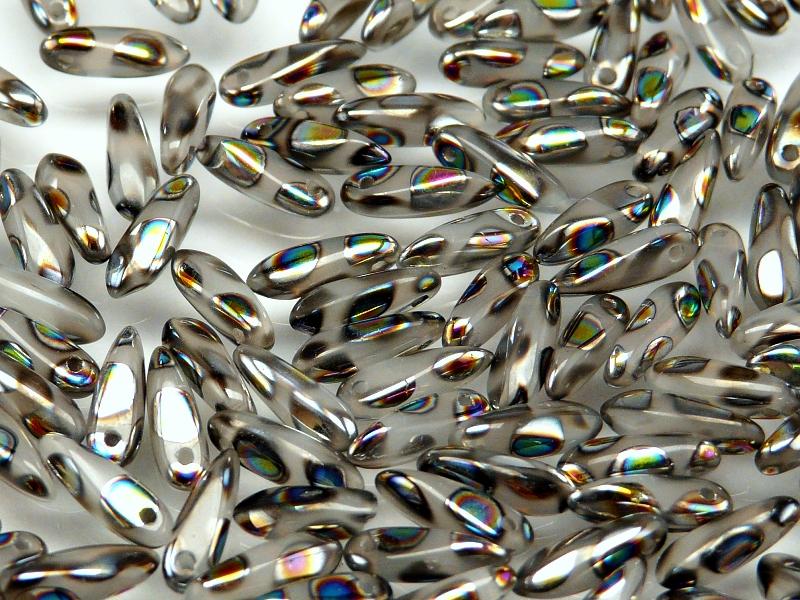 50 pcs Dagger Small Pressed Beads, 3x10mm, Gray Opal Circle Vitrail, Czech Glass