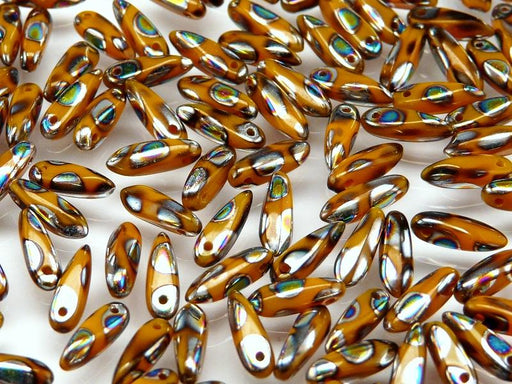 50 pcs Dagger Small Pressed Beads, 3x10mm, Orange Opal Circle Vitrail, Czech Glass