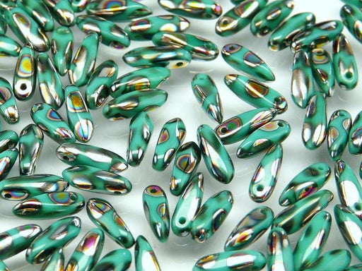 50 pcs Dagger Small Pressed Beads, 3x10mm, Opaque Turquoise Green Circle Vitrail, Czech Glass