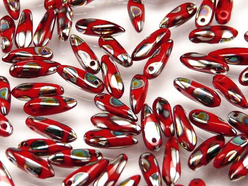 50 pcs Dagger Small Pressed Beads, 3x10mm, Coral Red Circle Vitrail, Czech Glass
