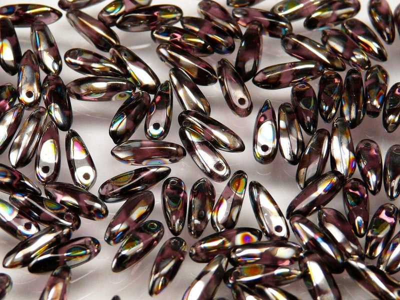 50 pcs Dagger Small Pressed Beads, 3x10mm, Amethyst Circle Vitrail, Czech Glass