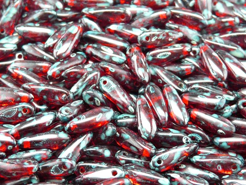50 pcs Dagger Small Pressed Beads, 3x10mm, Ruby Travertine Dark, Czech Glass