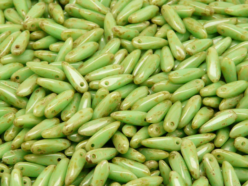 50 pcs Dagger Small Pressed Beads, 3x10mm, Opaque Light Green Travertine Dark, Czech Glass