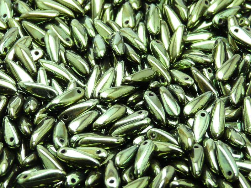 50 pcs Dagger Small Pressed Beads, 3x10mm, Jet Green Luster, Czech Glass