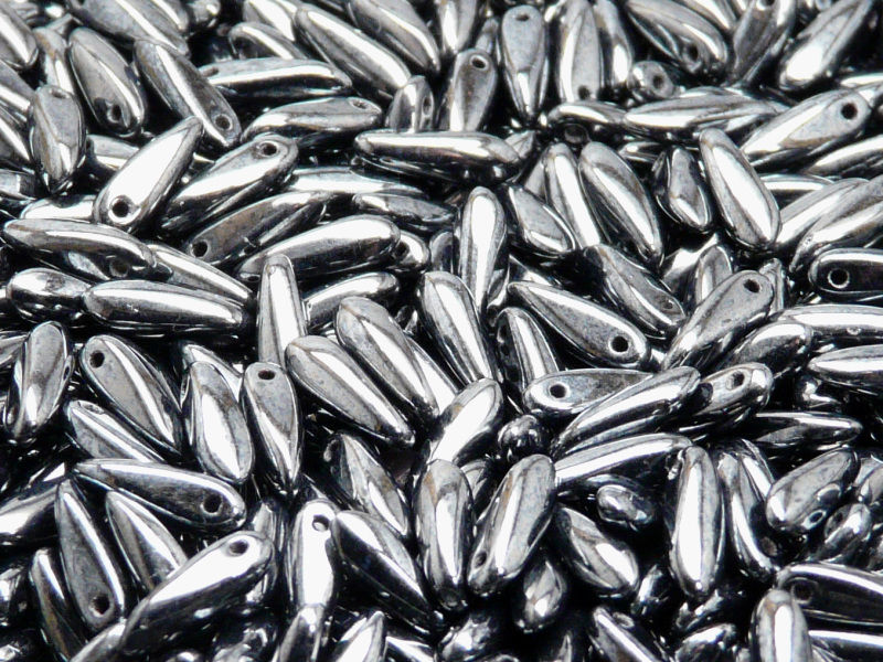 50 pcs Dagger Small Pressed Beads, 3x10mm, Jet Hematite (Gray), Czech Glass