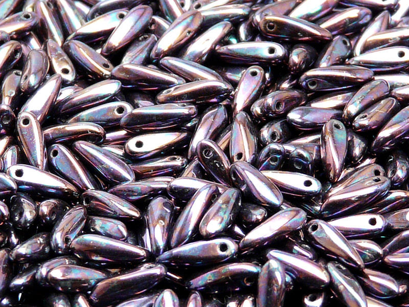 50 pcs Dagger Small Pressed Beads, 3x10mm, Jet Iris Luster, Czech Glass