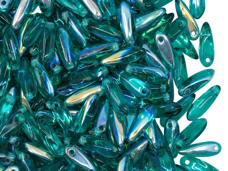 Dagger Beads 3x10 mm, Transparent Teal Green AB, Czech Glass