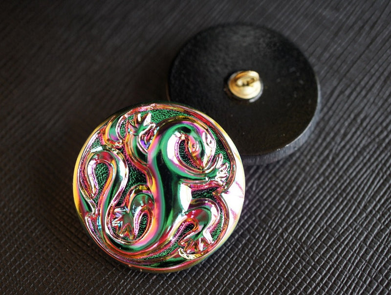 1 pc Czech Glass Button, Green Vitrail Lizard, Hand Painted, Size 12 (27mm)