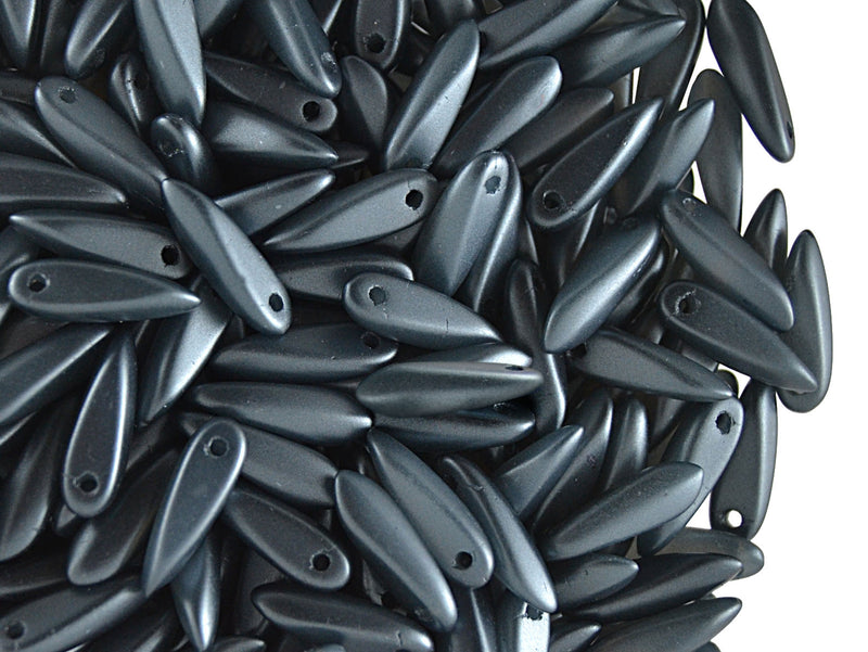50 pcs Dagger Small Pressed Beads, 3x10mm, Pastel Hematite (Gray), Czech Glass