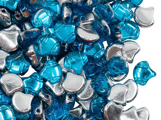Ginko Beads 7.5x7.5x3.4 mm, 2 Holes, Aquamarine Backlit, Czech Glass