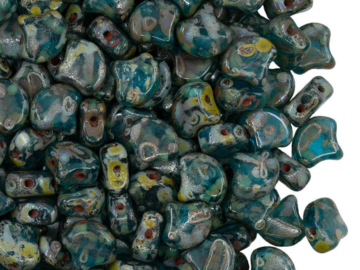 Ginko Beads 7.5x7.5x3.4 mm, 2 Holes, Aquamarine Travertine Dark, Czech Glass