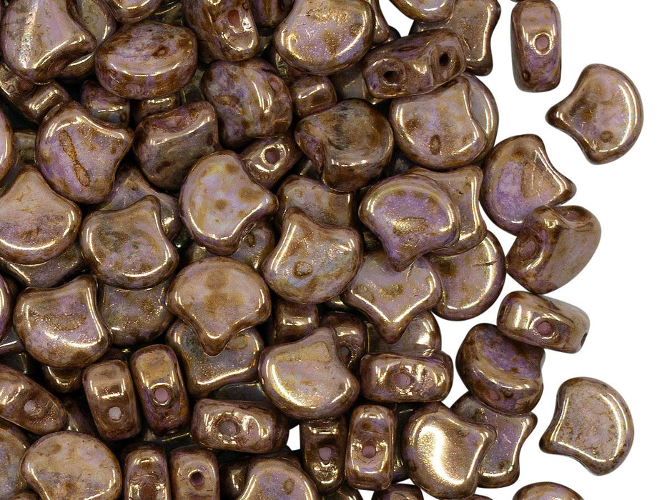 Ginko Beads 7.5x7.5x3.4 mm, 2 Holes, Chalk Senegal Brown Purple, Czech Glass