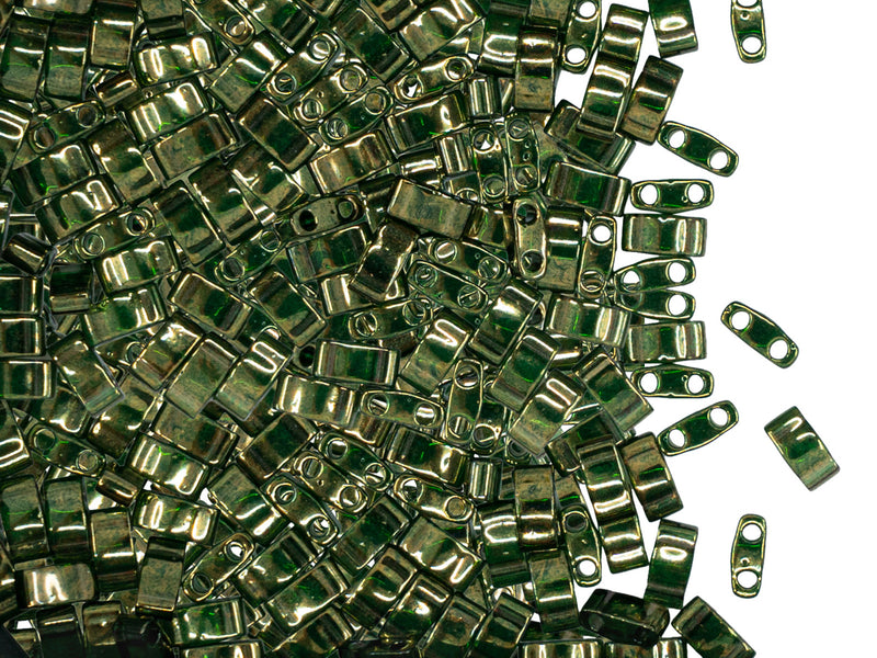 5 g Half Tila Beads 5x2.3x1.9 mm, 2 Holes, Olive Green Gold Luster, Miyuki Japanese Beads