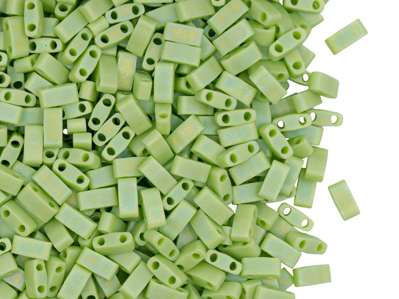 5 g Half Tila Beads 5x2.3x1.9 mm, 2 Holes, Opaque Chartreuse Matted, Miyuki Japanese Beads