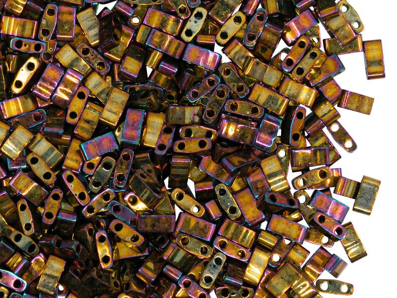 5 g Half Tila Beads 5x2.3x1.9 mm, 2 Holes, Metallic Gold Iris, Miyuki Japanese Beads