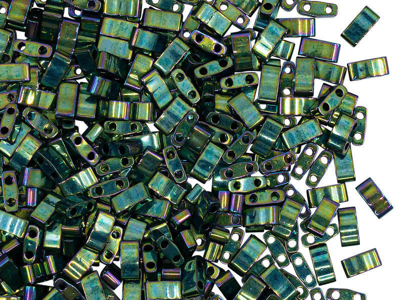 5 g Half Tila Beads 5x2.3x1.9 mm, 2 Holes, Metallic Green Iris, Miyuki Japanese Beads