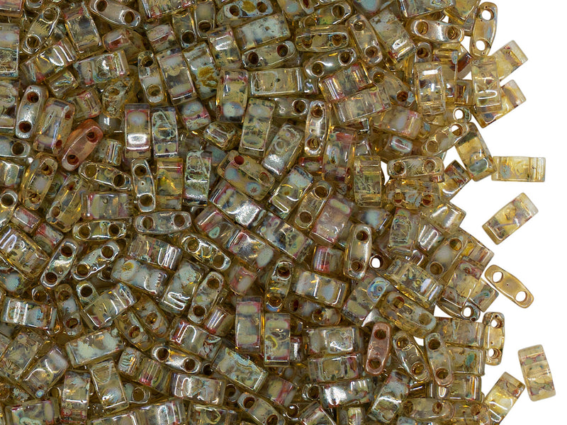 5 g Half Tila Beads 5x2.3x1.9 mm, 2 Holes, Transparent Saffron Picasso, Miyuki Japanese Beads