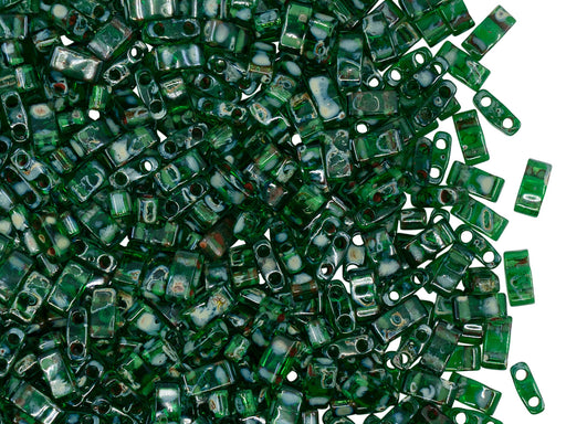 5 g Half Tila Beads 5x2.3x1.9 mm, 2 Holes, Transparent Green Picasso, Miyuki Japanese Beads