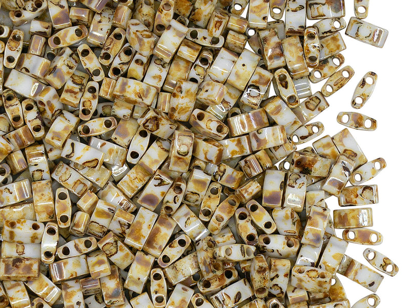 5 g Half Tila Beads 5x2.3x1.9 mm, 2 Holes, Opaque Canary Yellow Picasso, Miyuki Japanese Beads
