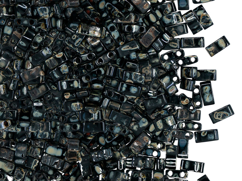 5 g Half Tila Beads 5x2.3x1.9 mm, 2 Holes, Opaque Smoke Black Picasso, Miyuki Japanese Beads