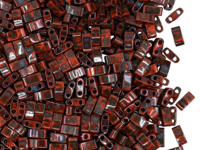 5 g Half Tila Beads 5x2.3x1.9 mm, 2 Holes, Opaque Orange Picasso, Miyuki Japanese Beads