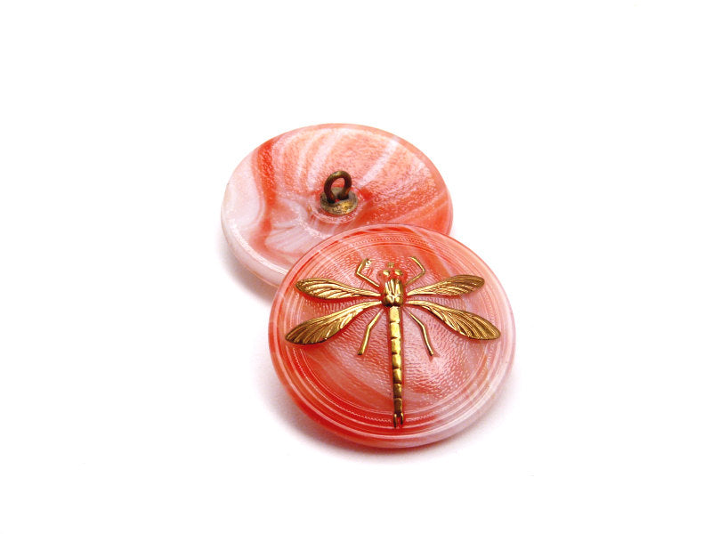 1 pc Czech Glass Button, White Red Gold Dragonfly, Hand Painted, Size 14 (32mm)