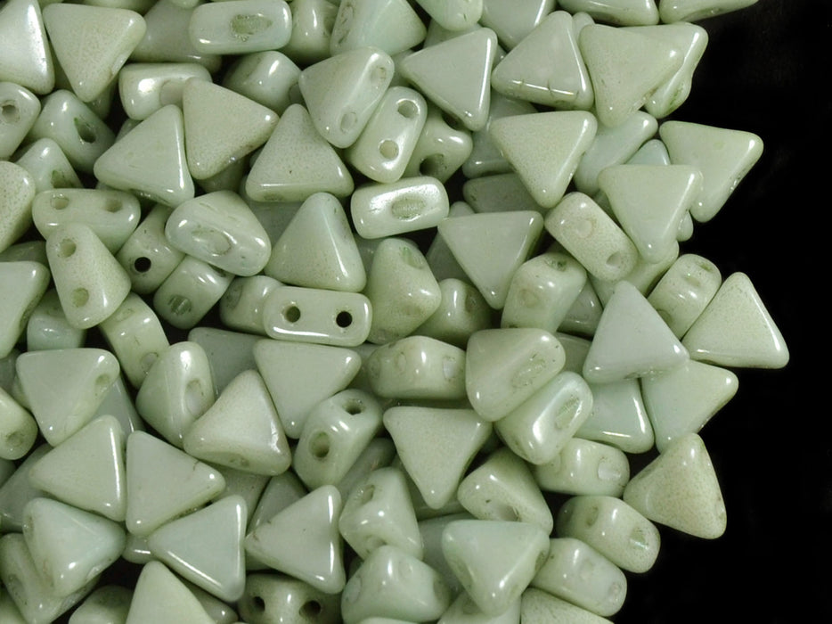 50 pcs Khéops® Par Puca® 2-hole Beads, Triangle 6mm, Opaque Light Green Ceramic Look, Czech Glass