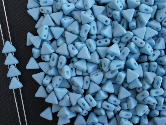 50 pcs Khéops® Par Puca® 2-hole Beads, Triangle 6mm, Opaque Light Azuro Silk Matte, Czech Glass