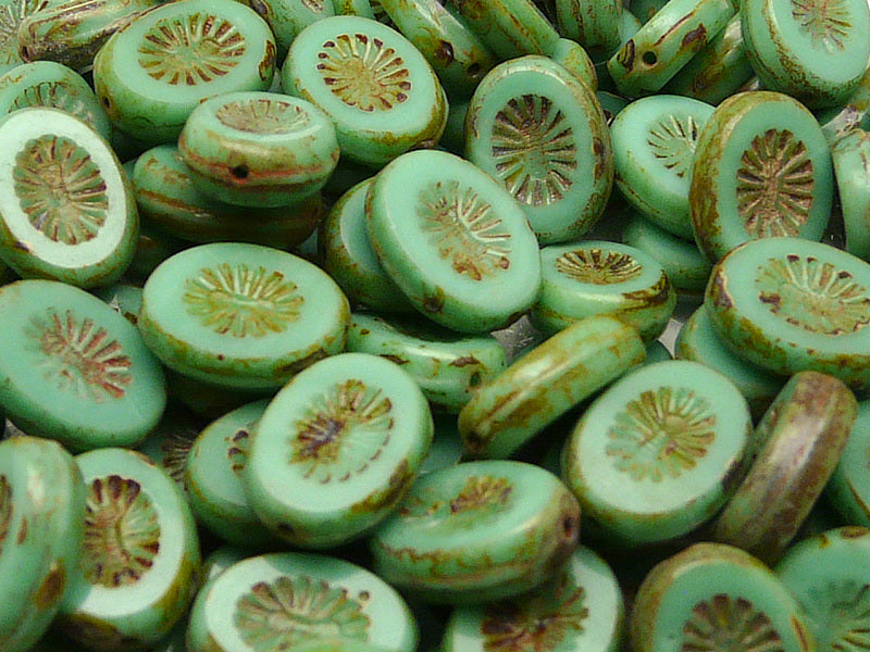 10 pcs Kiwi Table Cut Beads, Carved Oval 14x10mm, Opaque Turquoise Green Travertine, Czech Glass