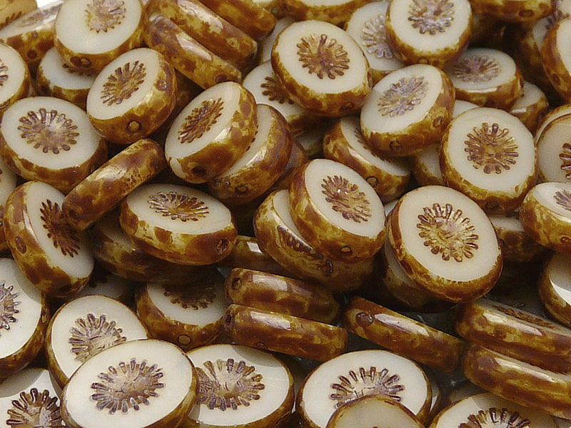 10 pcs Kiwi Table Cut Beads, Carved Oval 14x10mm, Ivory Travertine Dark, Czech Glass