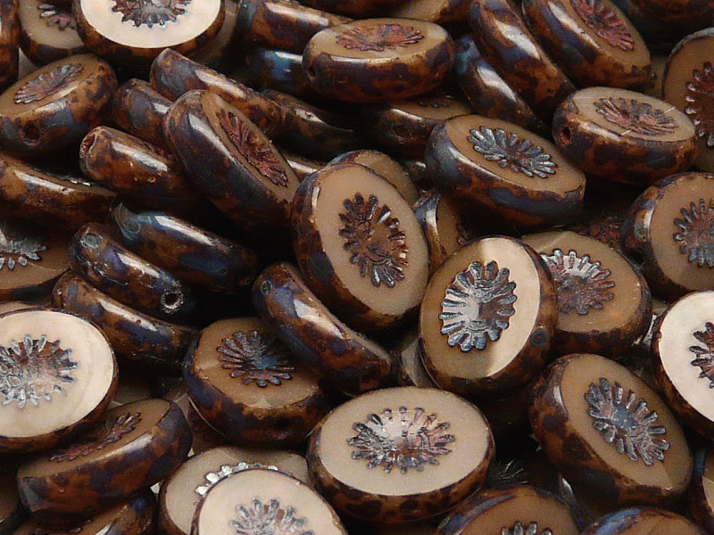 10 pcs Kiwi Table Cut Beads, Carved Oval 14x10mm, Brown Travertine, Czech Glass