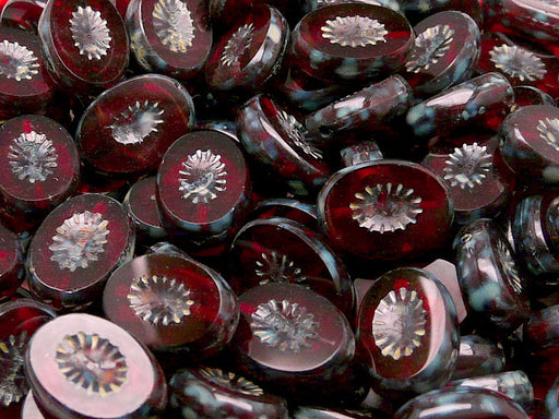 10 pcs Kiwi Table Cut Beads, Carved Oval 14x10mm, Dark Ruby Travertine, Czech Glass