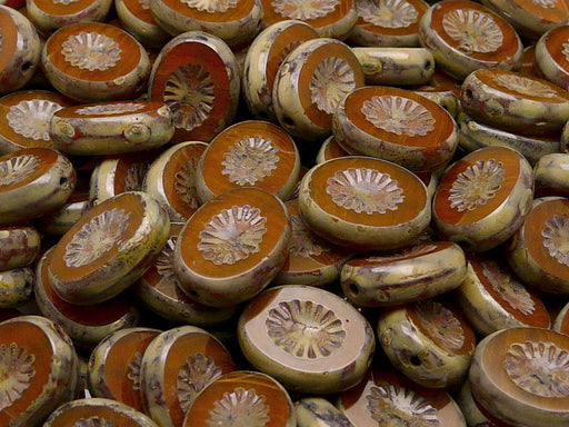 10 pcs Kiwi Table Cut Beads, Carved Oval 14x10mm, Orange Opal Travertine Dark, Czech Glass