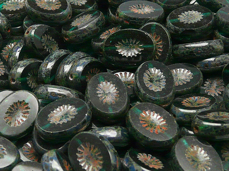 10 pcs Kiwi Table Cut Beads, Carved Oval 14x10mm, Chrysolite Transparent Travertine, Czech Glass