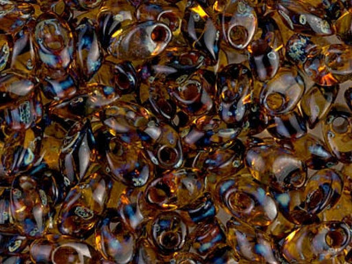 Long Magatama Beads 4x7 mm, Transparent Dark Amber Picasso, Miyuki Japanese Beads