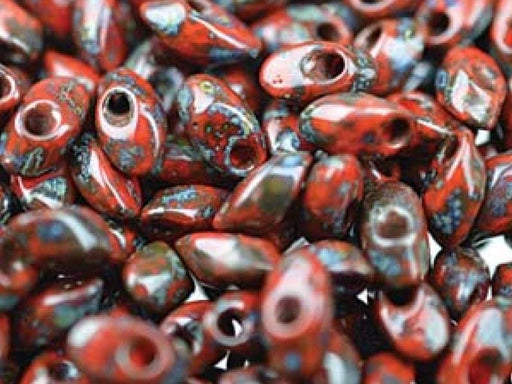 Long Magatama Beads 4x7 mm, Opaque Red Coral Picasso, Miyuki Japanese Beads