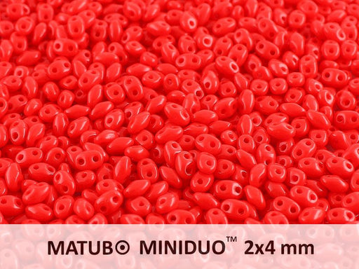 10 g 2-hole MiniDuo™ Pressed Beads, 2x4mm, Opaque Coral Red, Czech Glass