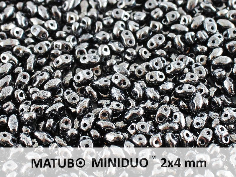 10 g 2-hole MiniDuo™ Pressed Beads, 2x4mm, Jet Hematite (Gray), Czech Glass