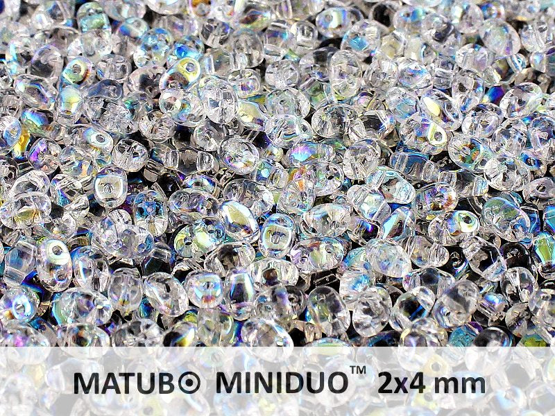 10 g 2-hole MiniDuo™ Pressed Beads, 2x4mm, Crystal AB, Czech Glass